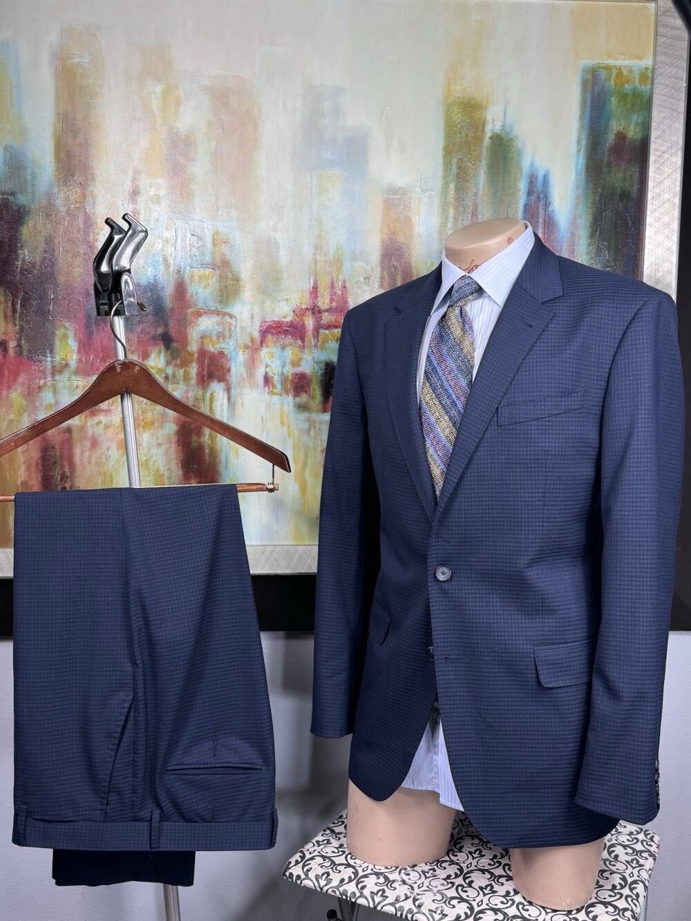 Karl Lagerfield Mens Navy Plaid 42L 2 Piece Suit Pants 36/32